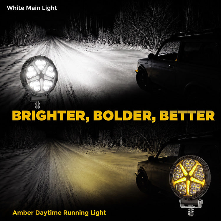 4-Inch Round LED Pod Lights with Amber DRL - 3600LM Spot Beam (17.9W)