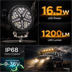 4-Inch Round LED Pod Lights with Amber DRL - 3600LM Spot Beam (17.9W)
