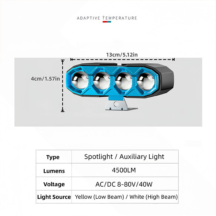 40W 4500LM 4-Lens Motorcycle Auxiliary Light - AC/DC 8-80V Spotlight