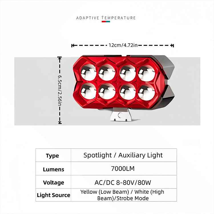 80W 7000LM 8-Lens Motorcycle Auxiliary Light - AC/DC 8-80V Spotlight