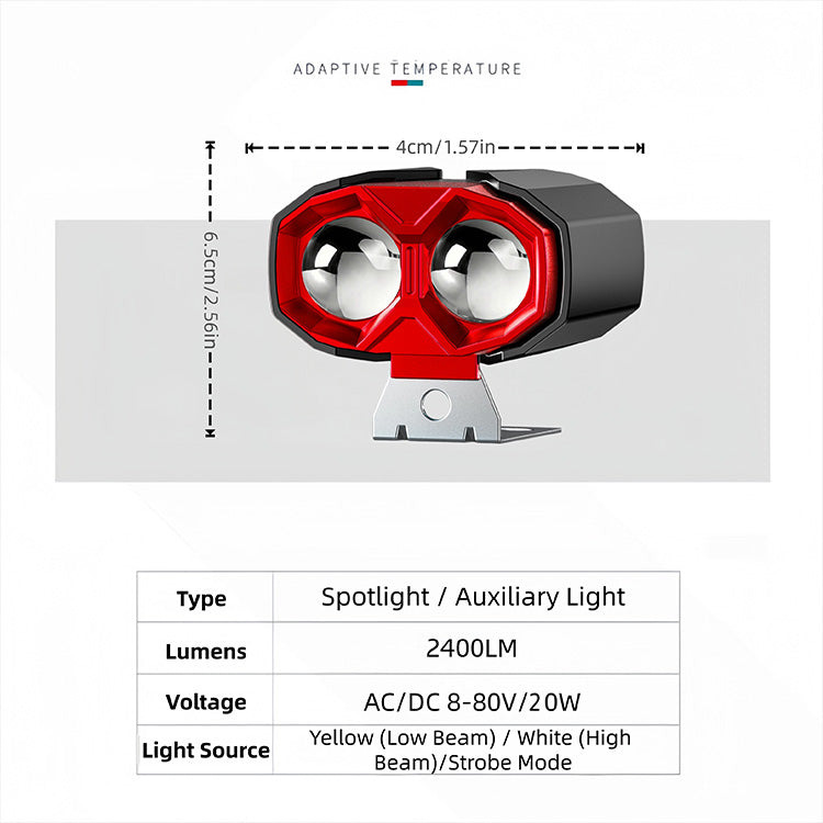20W 2400LM 2-Lens Motorcycle Auxiliary Light - AC/DC 8-80V Spotlight