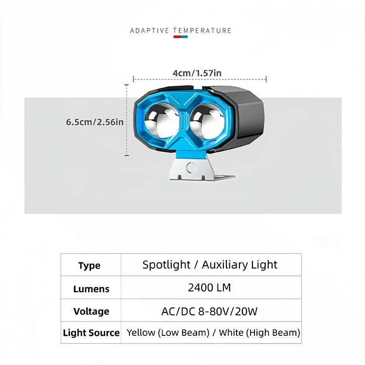 Yellow & White Dual Beam Motorcycle Spotlight - 2 Lens 2400LM 20W