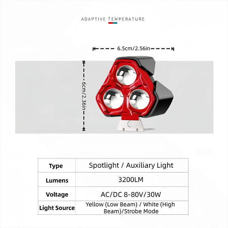 30W 3200LM 3-Lens Motorcycle Auxiliary Light - AC/DC 8-80V Spotlight