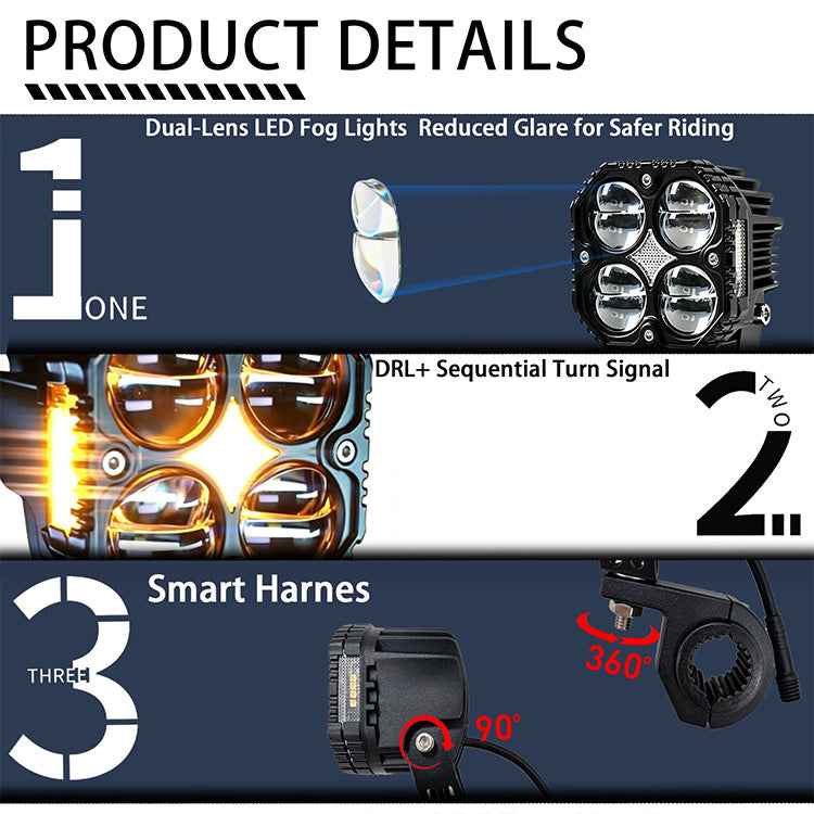 120W Wireless Motorcycle Auxiliary Lights - Combo DRL & Turn Signal